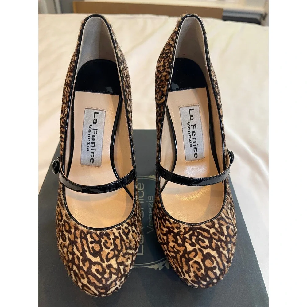 La Fenice Venezia Ginevra Leopard Calf Hair Platform Mary Jane Pumps Heels 5